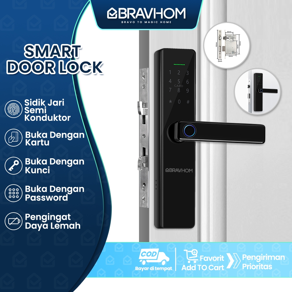 BRAVHOM Kunci pintu fingerprint kunci pintu digital kunci pintu sidik jari kunci pintar IC Card Code