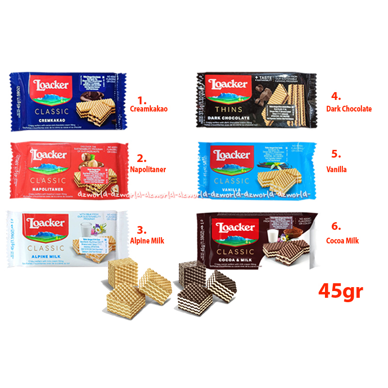 

Loacker 45gr Classic Cremkakao Napolitaner Alpine Milk Thins Dark Chocolate Vanilla Cocoa & Milk Wafer Waffer Import Loker Loacker 45 gram