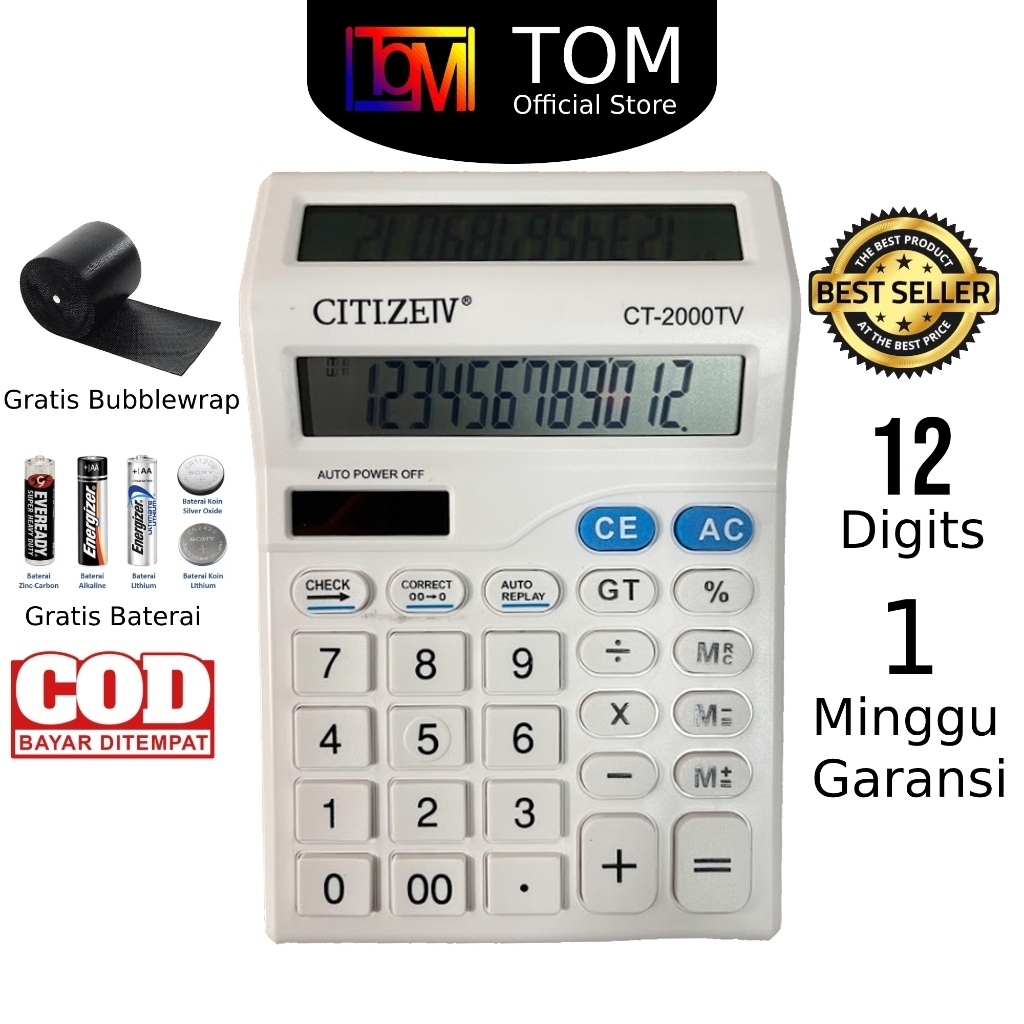 

Kalkulator 2 Layar 12 Digit CT-2000 (PUTIH) / Kalkulator Dagang Warung Besar / Check Kalkulator