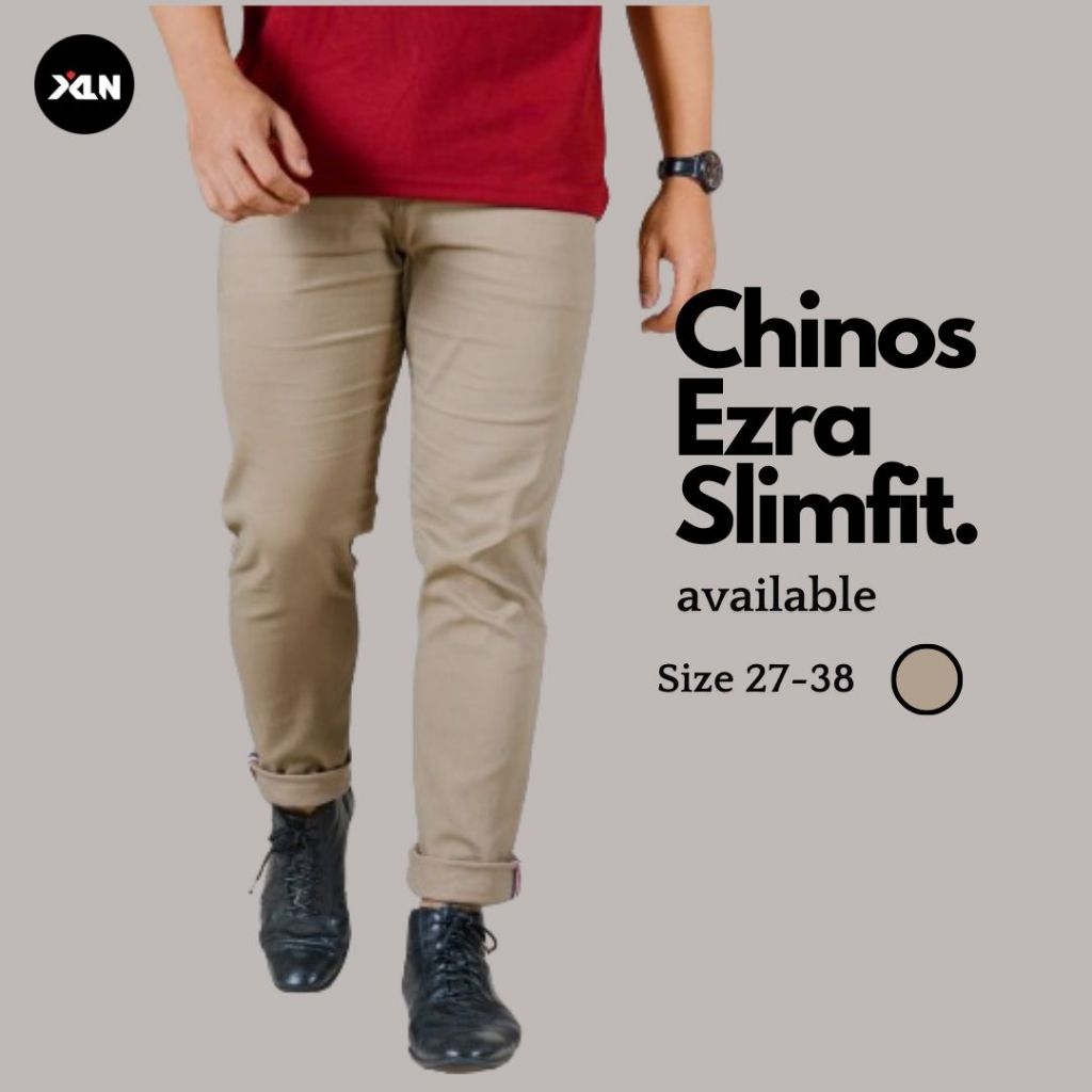 Celana Chinos Pria Panjang Slim fit Casual Bahan Melar Dewasa Warna Cream Ezra