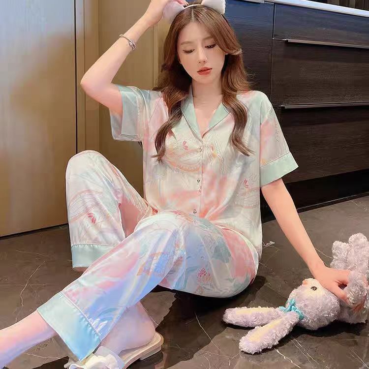 2025 Piyama Wanita Sutra Es / Baju Tidur Bermotif Bunga Satin Mewah