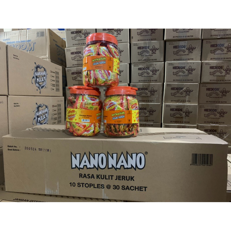 

Permen Nano Nano kemasan stoples isi 30 sachet.