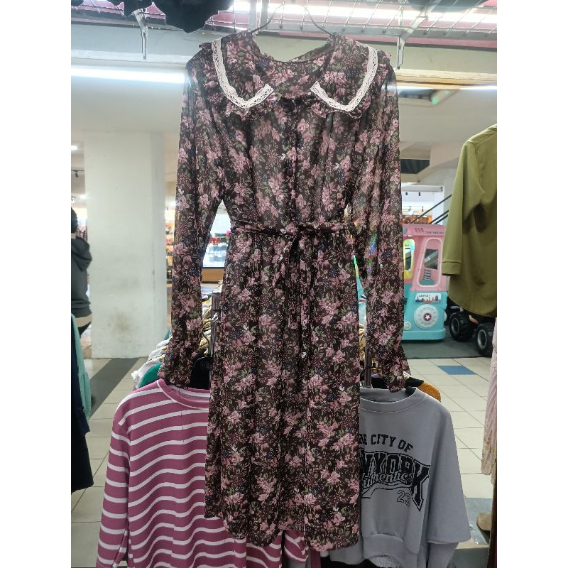 dress sifon motif bunga ada puring model korea murah