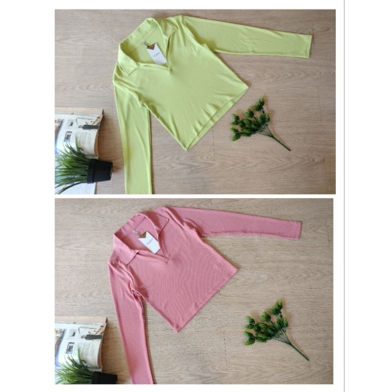 tshirt polo kaos berkerah knit rajut  colorbox crop top long sleeve kekinian