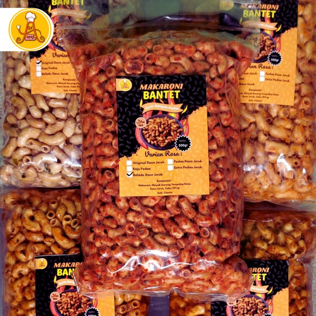 

[Ammi Snack] Makaroni Bantet Aneka Rasa 500 gram / Cemilan Makaroni Bantet Extra Daun Jeruk Ciamis