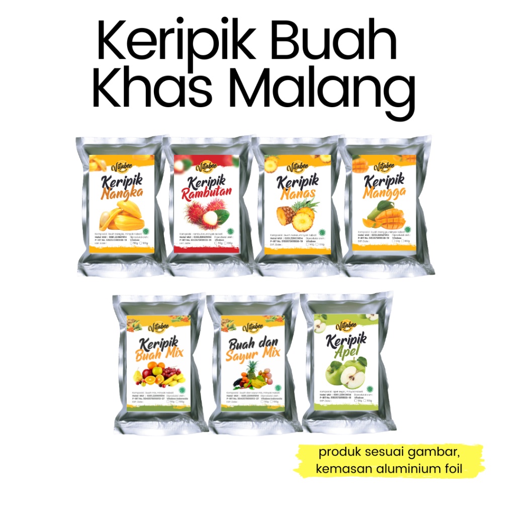 

AYO BELI Keripik Kripik Buah Nangka Apel Salak Nanas Mangga Rambutan 5 gram Vitabee Khas Kota Malang Garansi Renyah BISA COD