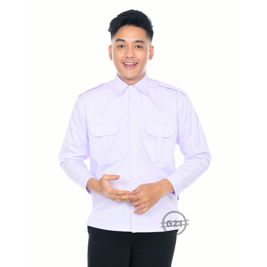 Baju Atasan Kemeja Putih PDH PDL ASN PNS Lapangan Outdor Kantong Dua Pria Cowok Lengan Panjang Kamej