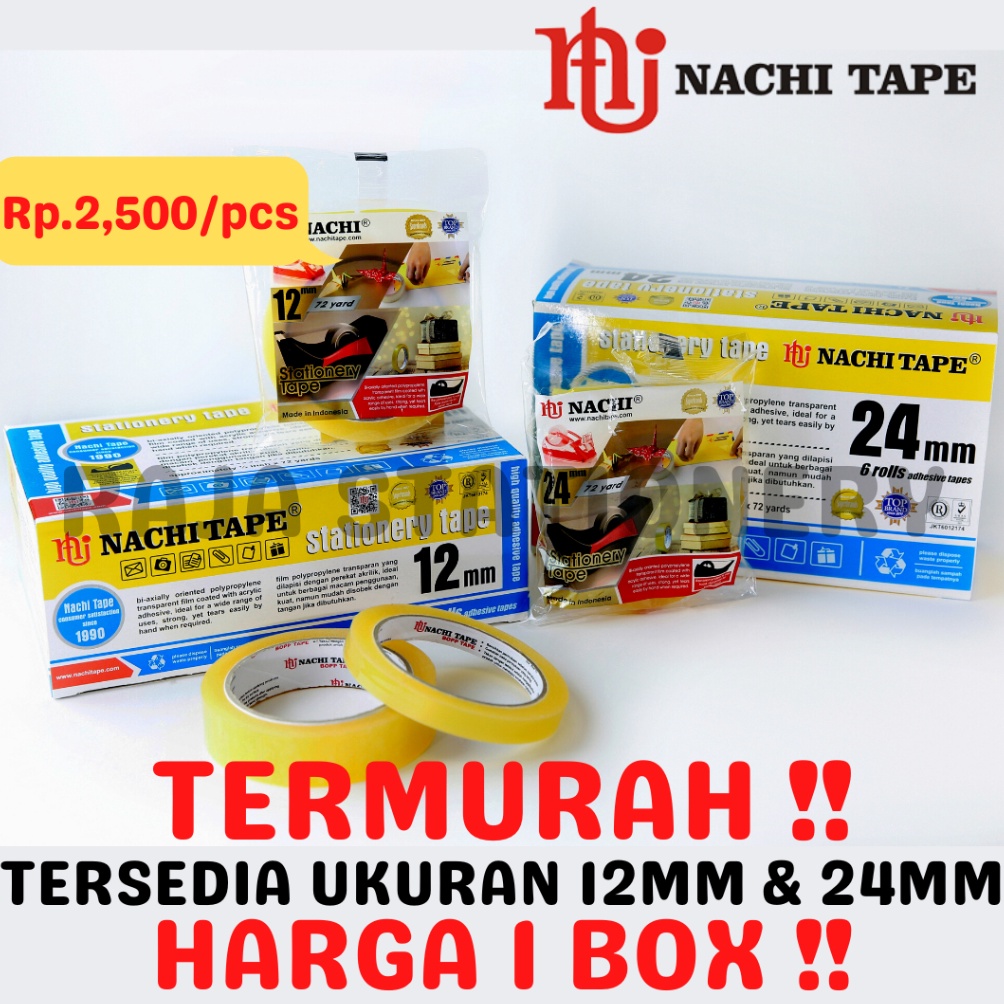 

KODE F42Y NACHI STATIONERY TAPE 12mm 24mm SELOTIP SOLATIP LAKBAN SOLASI ISOLASI NACHI 1 BOX