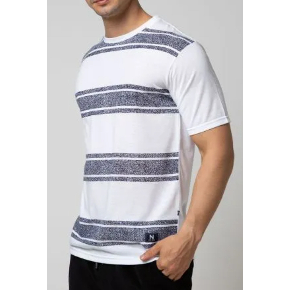 Kaos/T-Shirt Red Label Putih dengan Garis Garis Besar Biru Tua (Pria & Wanita)
