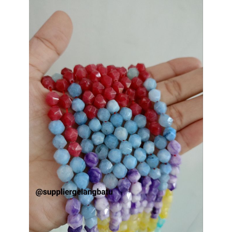 Multicolour hexagon agate Batu Alam Purple agate, yellow calcite, blue Aquamarine, red baron, blue M