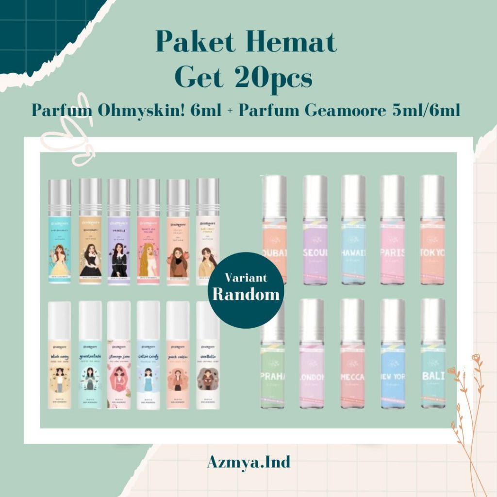 Paket Hemat 20pcs PARFUME GEAMOORE OHMYSKIN ROLL ON ML PAKET USAHA MURAH BODY MIST 30ML 15ML