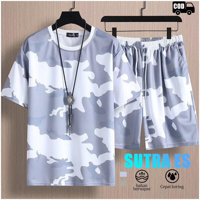 setelan pria kaos kamuflase Pria Kaos olahraga pria Celana pendek pria outfit pria 1 set Set pakaian