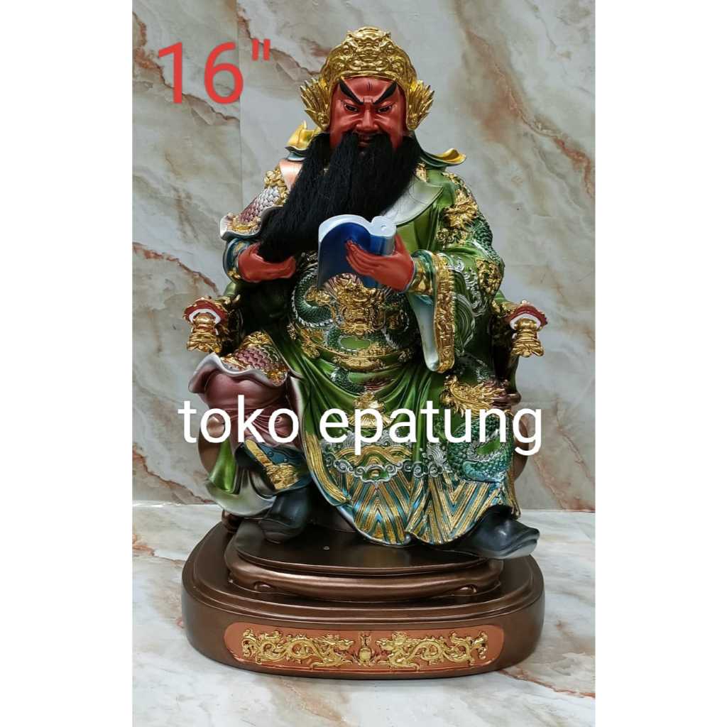 patung dewa kwan kong / kwan kung / guan yu  - duduk - kumis - fiber / resin - 16 inch - l2 - l24