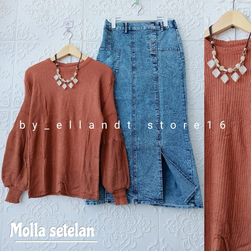Setelan Wanita Rajut Dan Rok Jeans Span/Molla Setelan