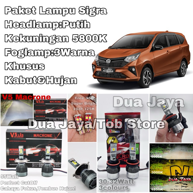 Paket Lampu Mobil Sigra Led Headlight Macrone V5 Foglamp 3Warna PNP