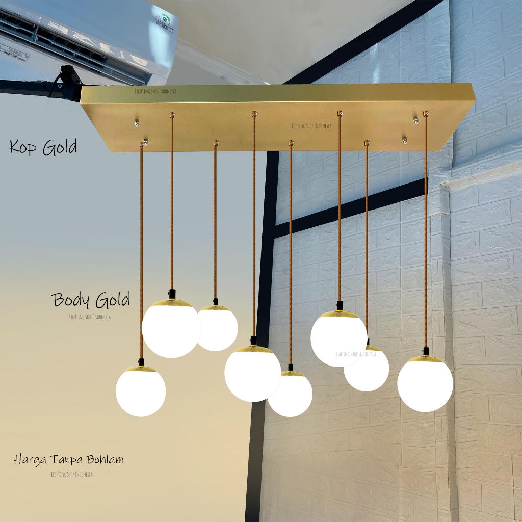 Lampu gantung 8in1 kop panjang 90cm model kaca bulat body gold hitam 8lampu e27 meja makan minimalis