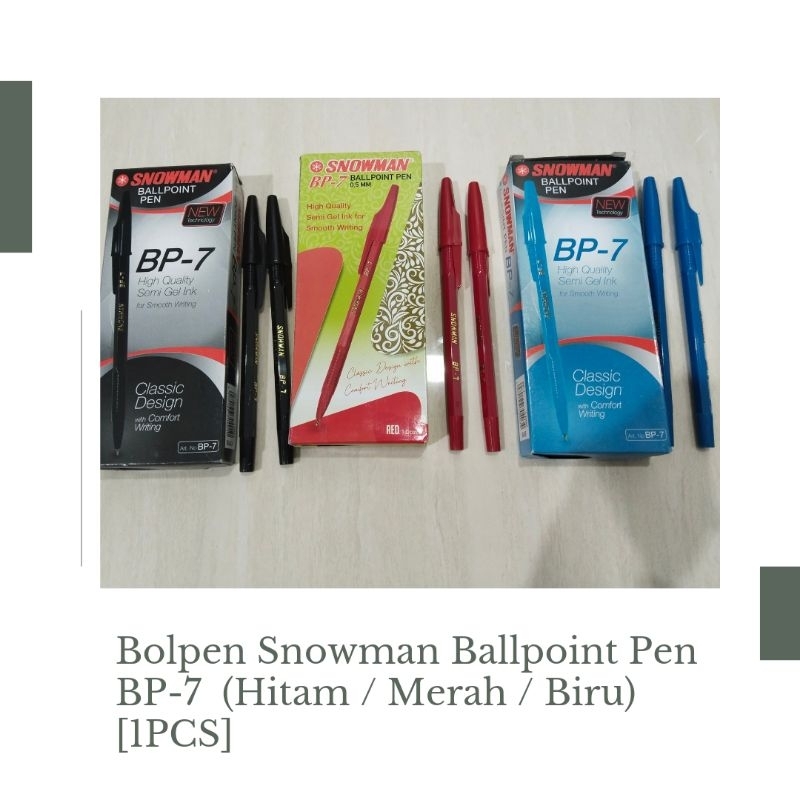 

Bolpen Snowman Ballpoint Pen BP-7 (Hitam / Merah / Biru) [1 PCS]