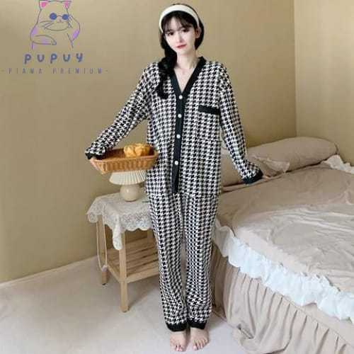Piyama Korea Bahan Sutra Kancing Depan Lengan Panjang Celana Panjang Baju Tidur Koreanstail Wanita R