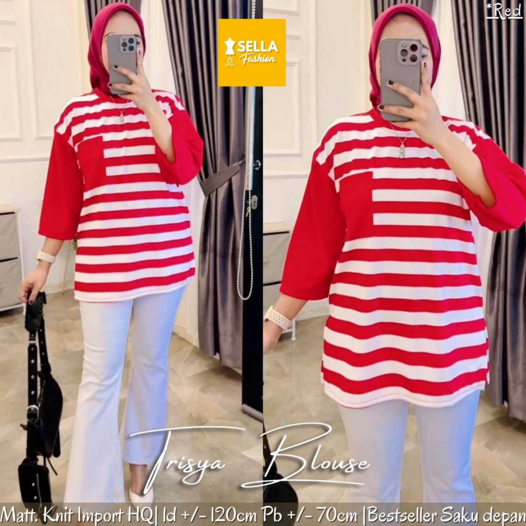 BLOUSE MERAH PUTIH JUMBO LD 120 KNIT IMPORT MOTIF GARIS GARIS TERBARU PAKAIAN WANITA BAJU ATASAN KEM