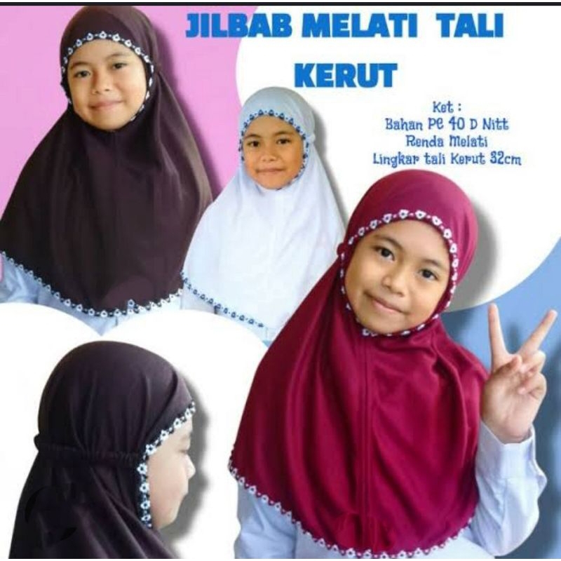 KERUDUNG SEKOLAH JILBAB MELATI TALI / BERGO RENDA MELATI TALI SD, SMP ,SMA