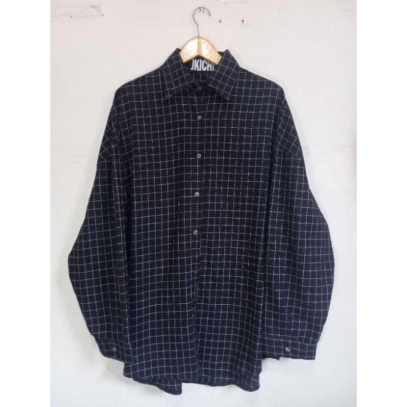Kemeja Flanel Jumbo Merek Jkichi Motif Kotak kotak Warna Hitam Garis Putih Size XXL