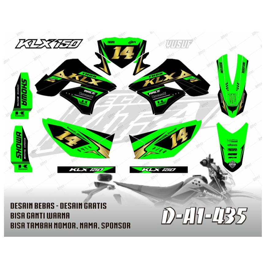 Decal Sticker Kawasaki KLX 150 S Motif Custom Simple Hitam Hijau List Gold A1-435