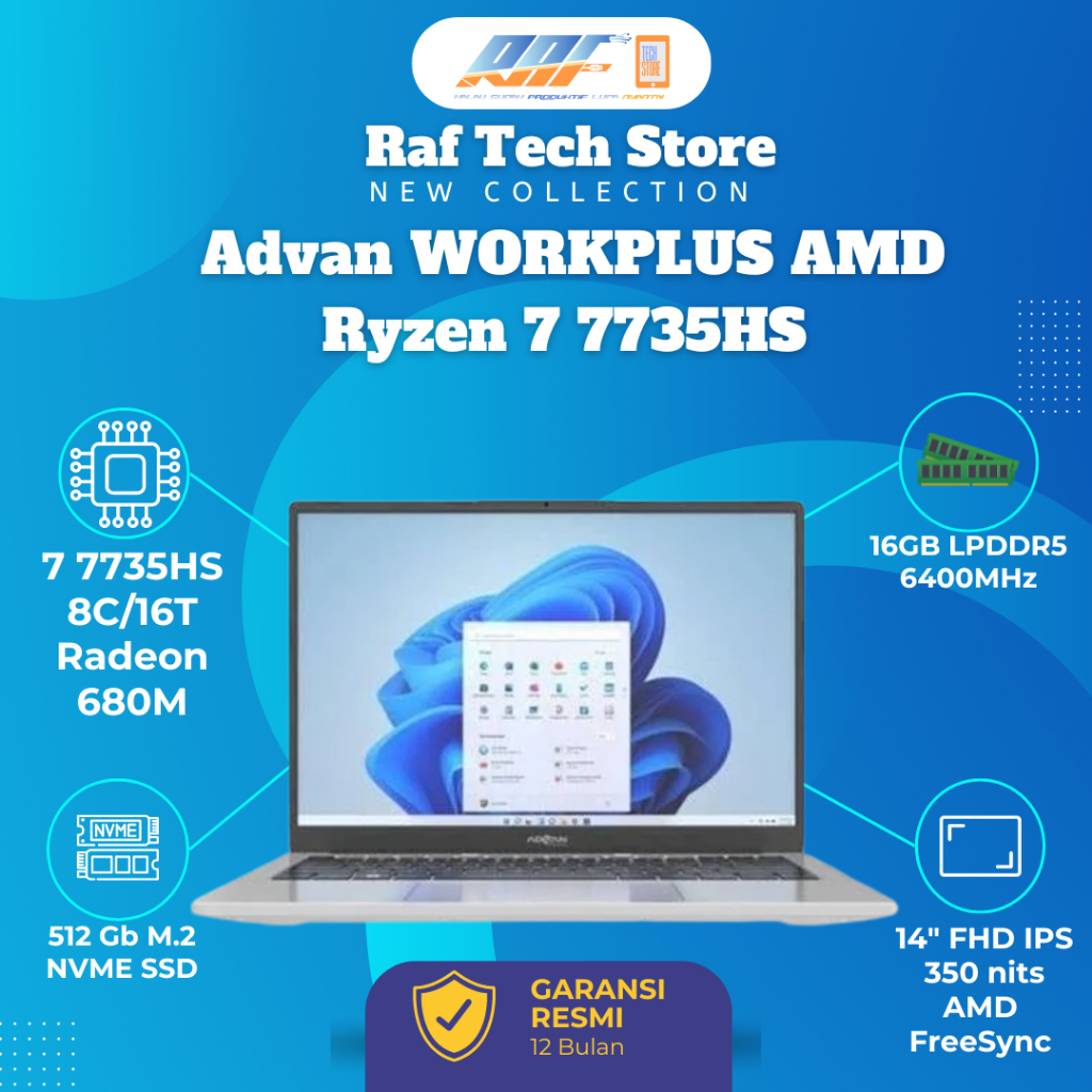 Advan WORKPLUS AMD Ryzen 7 7735HS 16GB 512GB Radeon 680M FHD IPS Windows 11 Original Laptop - Advan 