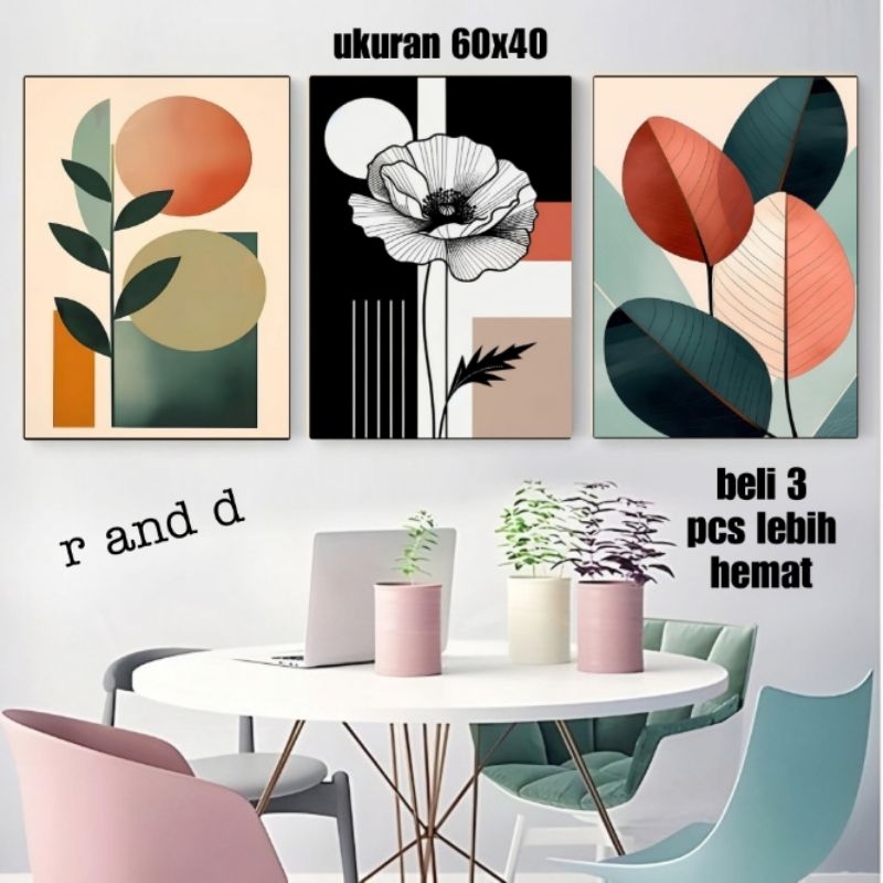 Hiasan dinding gambar tumbuhan ukuran 60x40 bingkai kayu, Dekorasi dinding kamar ukuran 40x60 motif 
