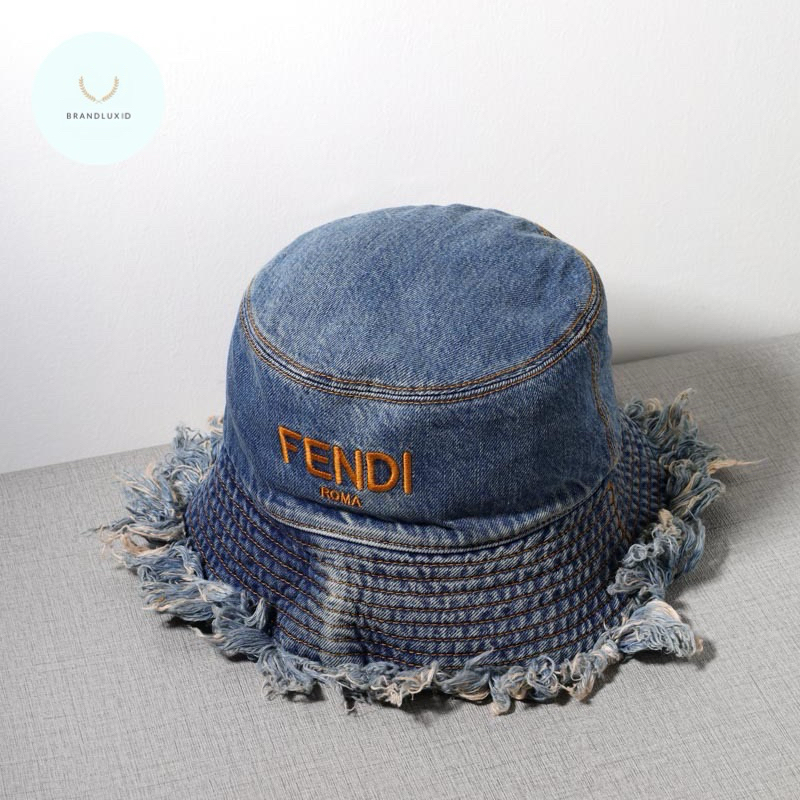 Fendi Logo Bucket Hat in Blue Denim with Fringed Edge