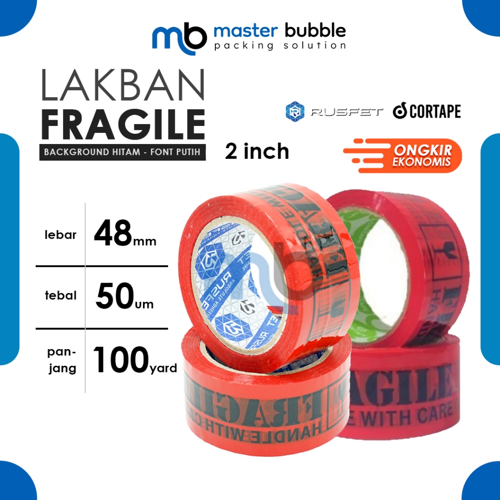 Lakban Fragile Merah Hitam Cortape 2inch 48mm x 100meter (Jumbo) Harga Ecer Satuan Ekonomis Murah