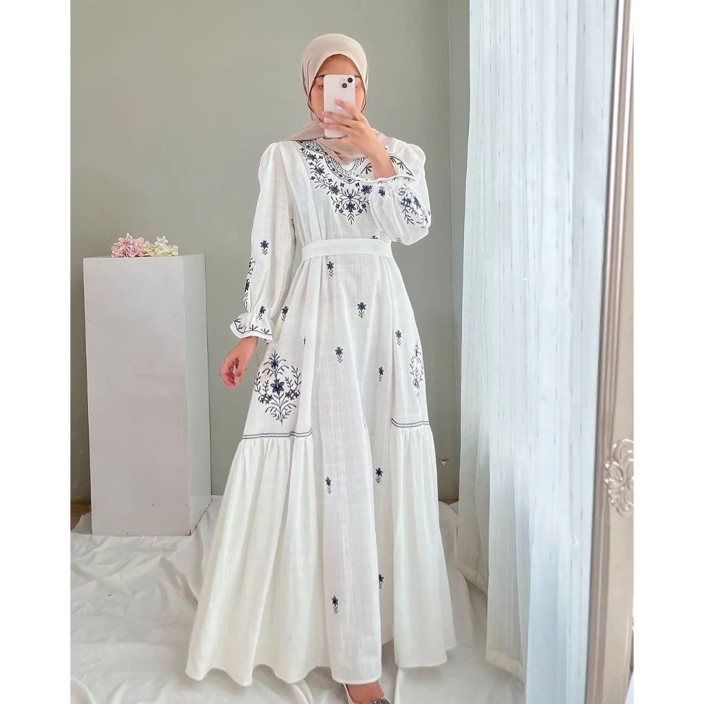 EDELIA DRESS Baju Dress Muslim Wanita Dewasa Bahan Polo Linen Mix Bordir Size M L XL Dress Kondangan