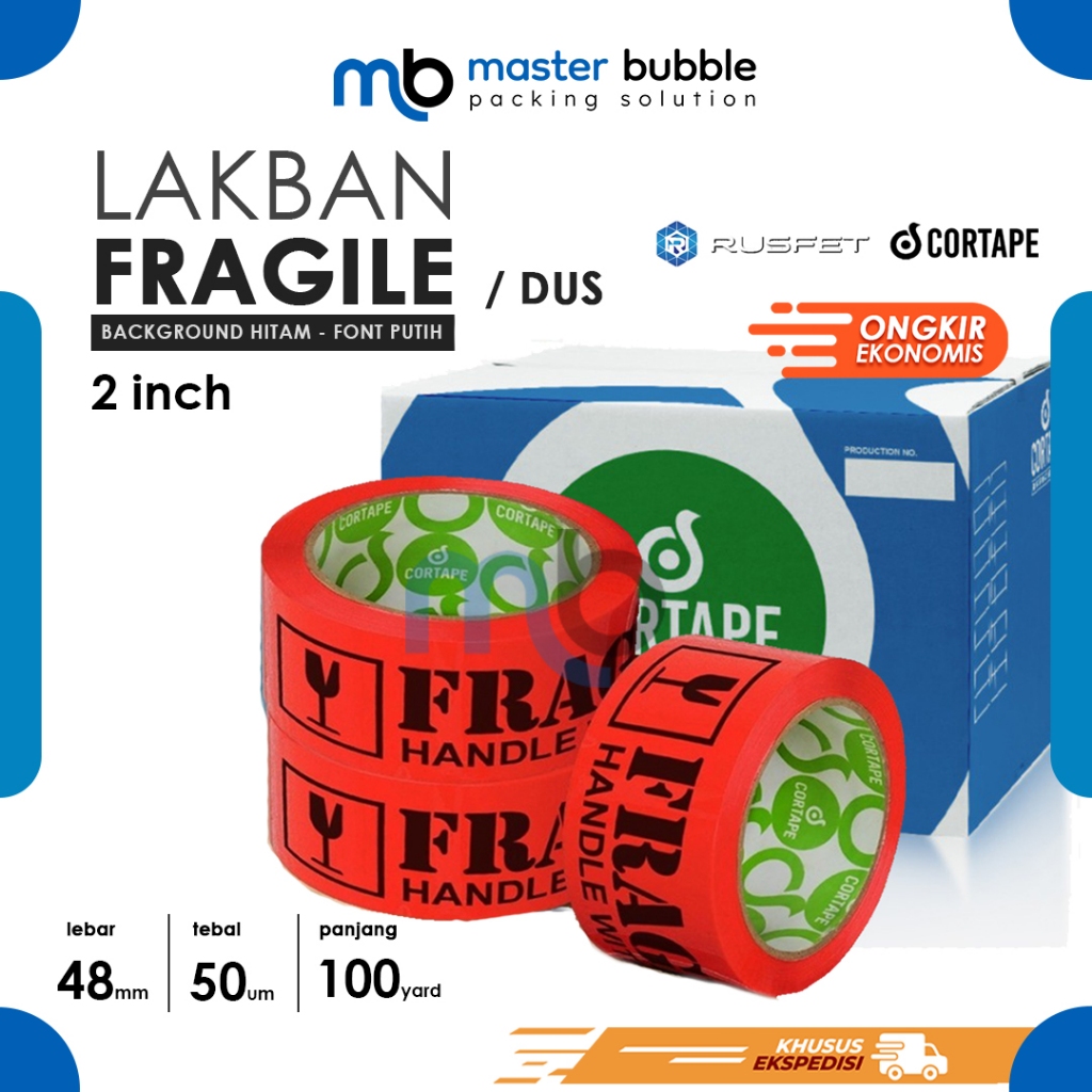 Lakban Cortape Fragile Merah Hitam 2inch 48mm x 100meter Harga Perdus 72 Roll (Khusus Ekspedisi)