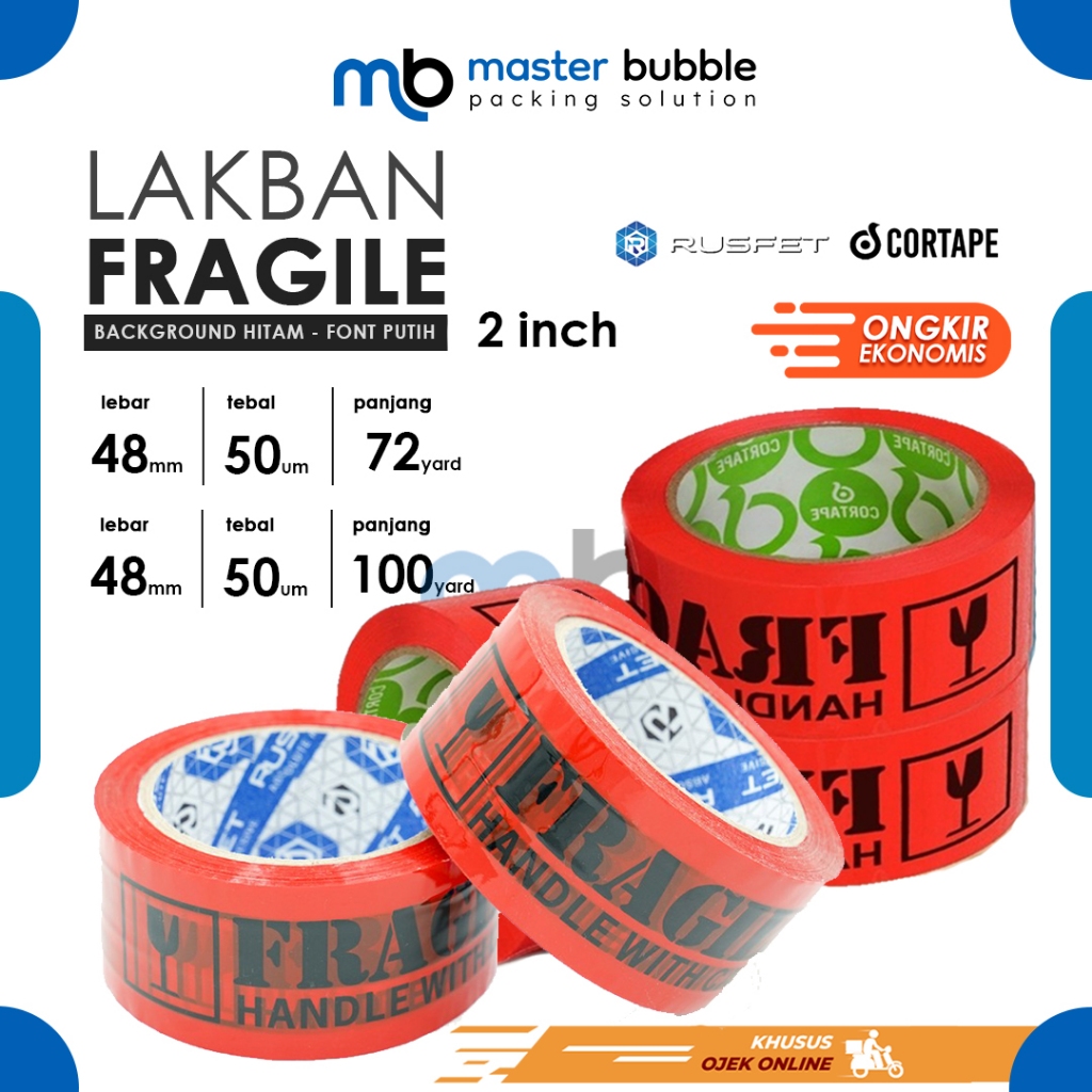 Lakban Fragile Merah Hitam Cortape 2inch 48mm Harga Ecer Satuan Ekonomis Murah