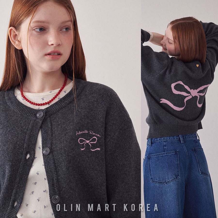 RONRON_HEART RIBBON JACQUARD KNIT CARDIGAN CHARCOAL