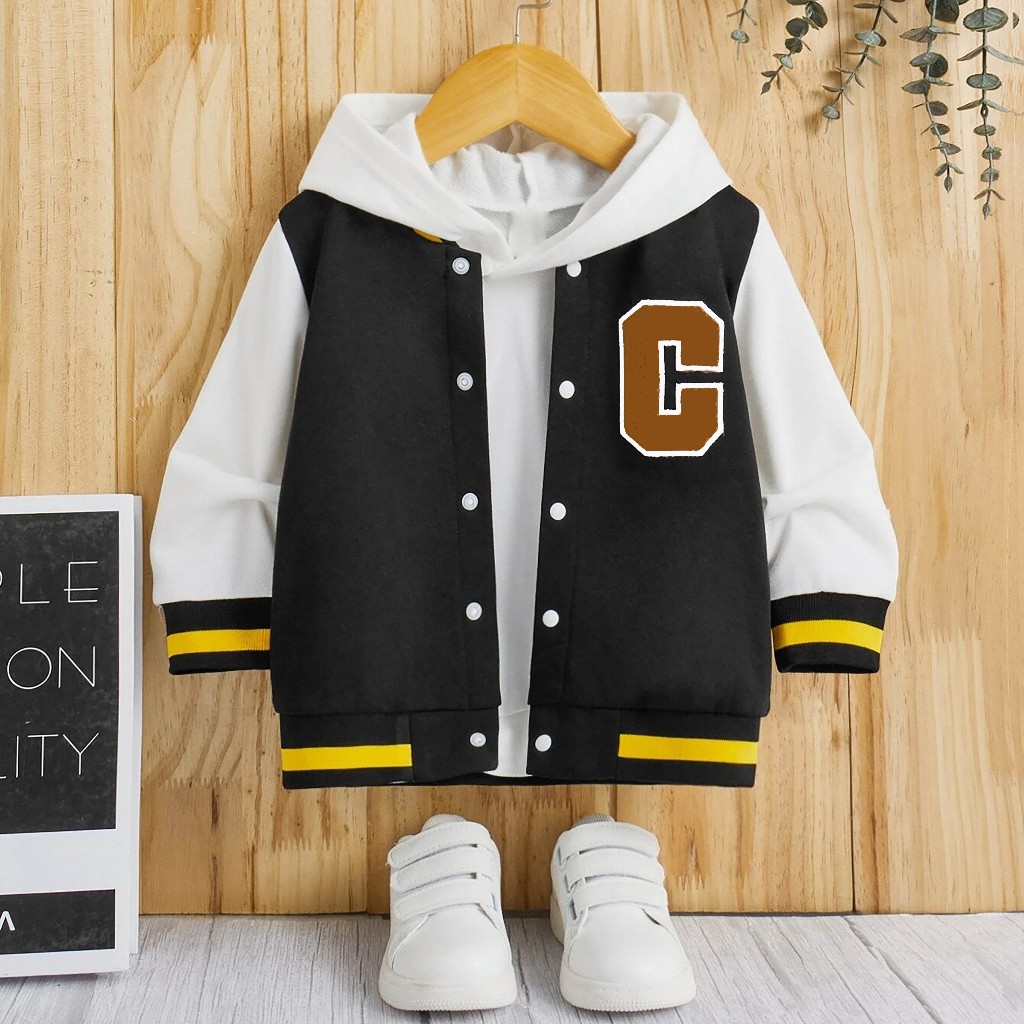 KLIKEN ID Jaket Baseball Varsity Vintage Jacket Varcity Anak INISIAL C rib KUNING( BISA CUSTOM INISI