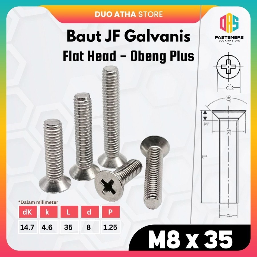 JF M8x35 Baut JF Flat Head Baut JF M8 x 35 Obeng Plus