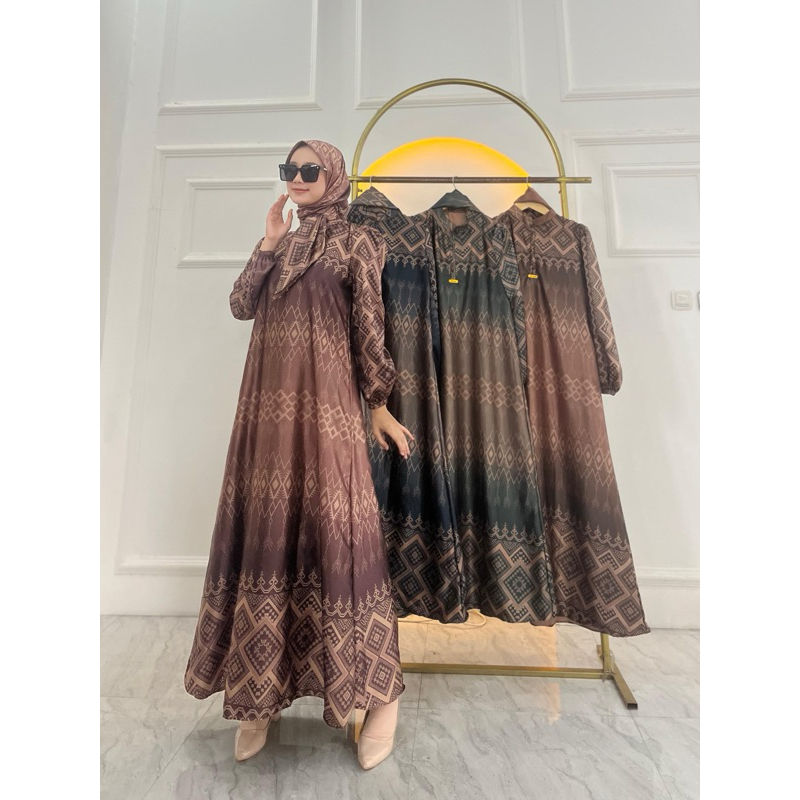 gamis Armany brown digital motif PIRAMIDE MAYUNG set hijab
