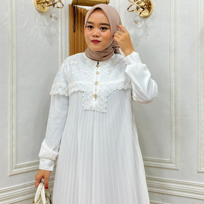 GAMIS MUSLIM WANITA CERUTI PLISKET MIX TILE DAN RENDA IMPORT