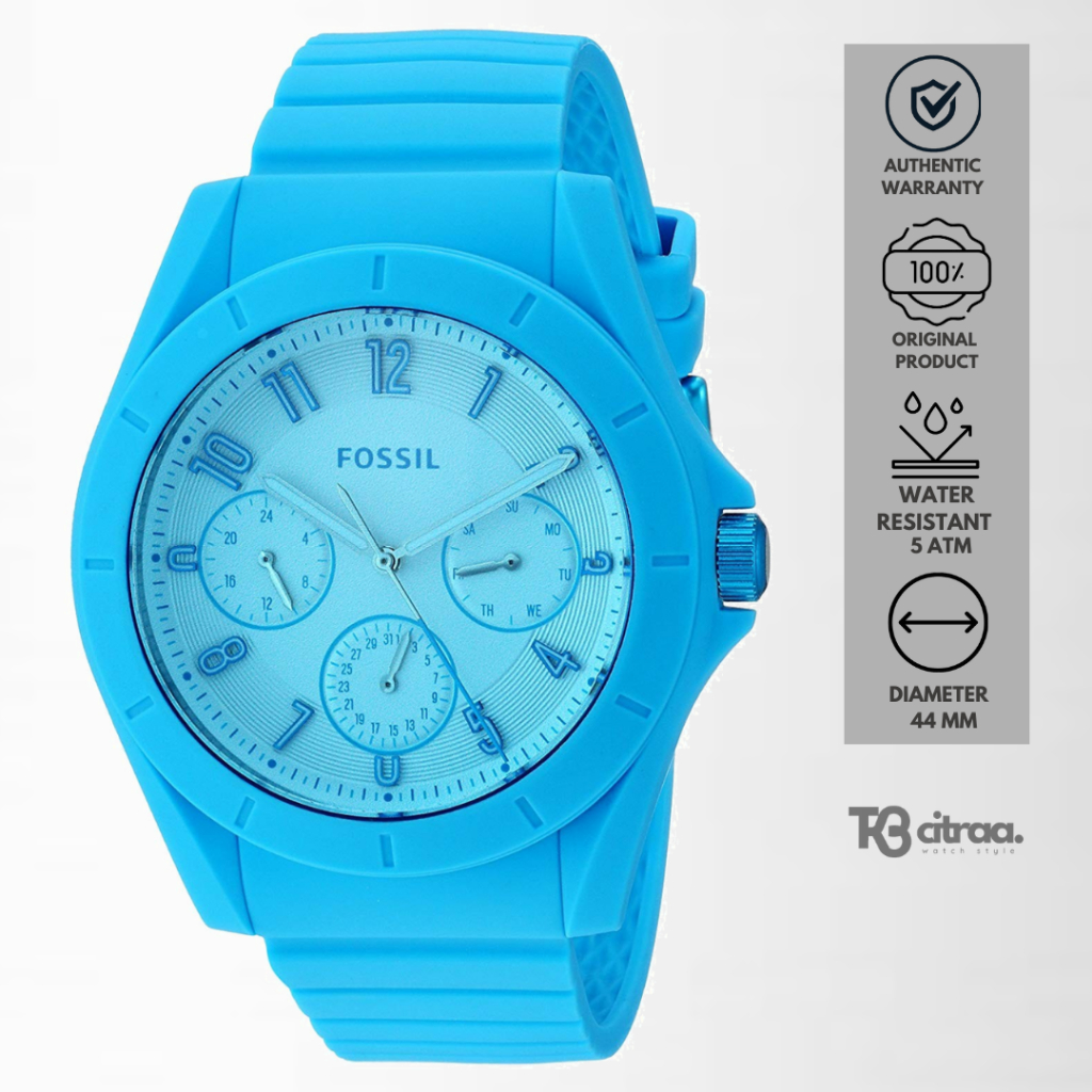 jam tangan fashion pria fossil poptastic analog strap rubber silicone blue cowok chronograph multifu