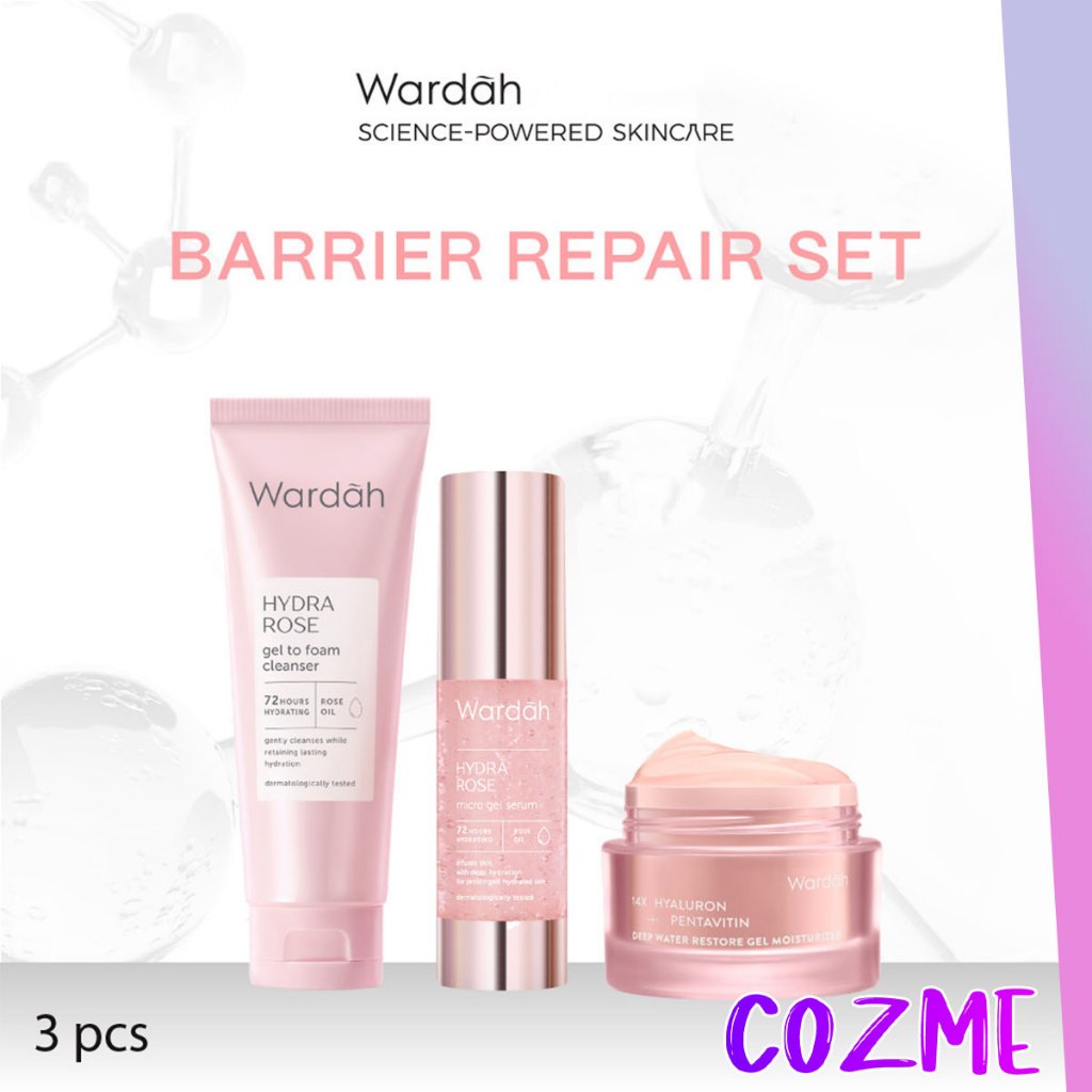 [3PCS] WARDAH Paket Barrier Set || Hydra Rose Face wash 100mL || Micro Gel Serum 30mL || 14X Moist G