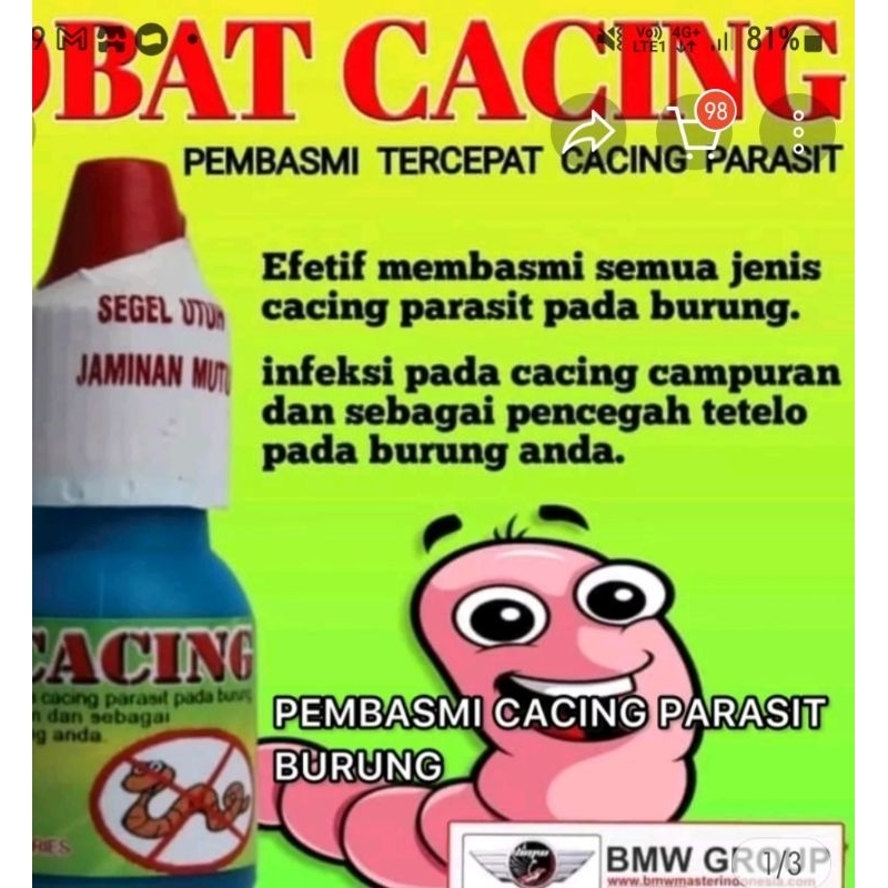 OBAT CACING BURUNG BMW PEMBASMI CACING BURUNG MURAI KENARI SEMUA BURUNG