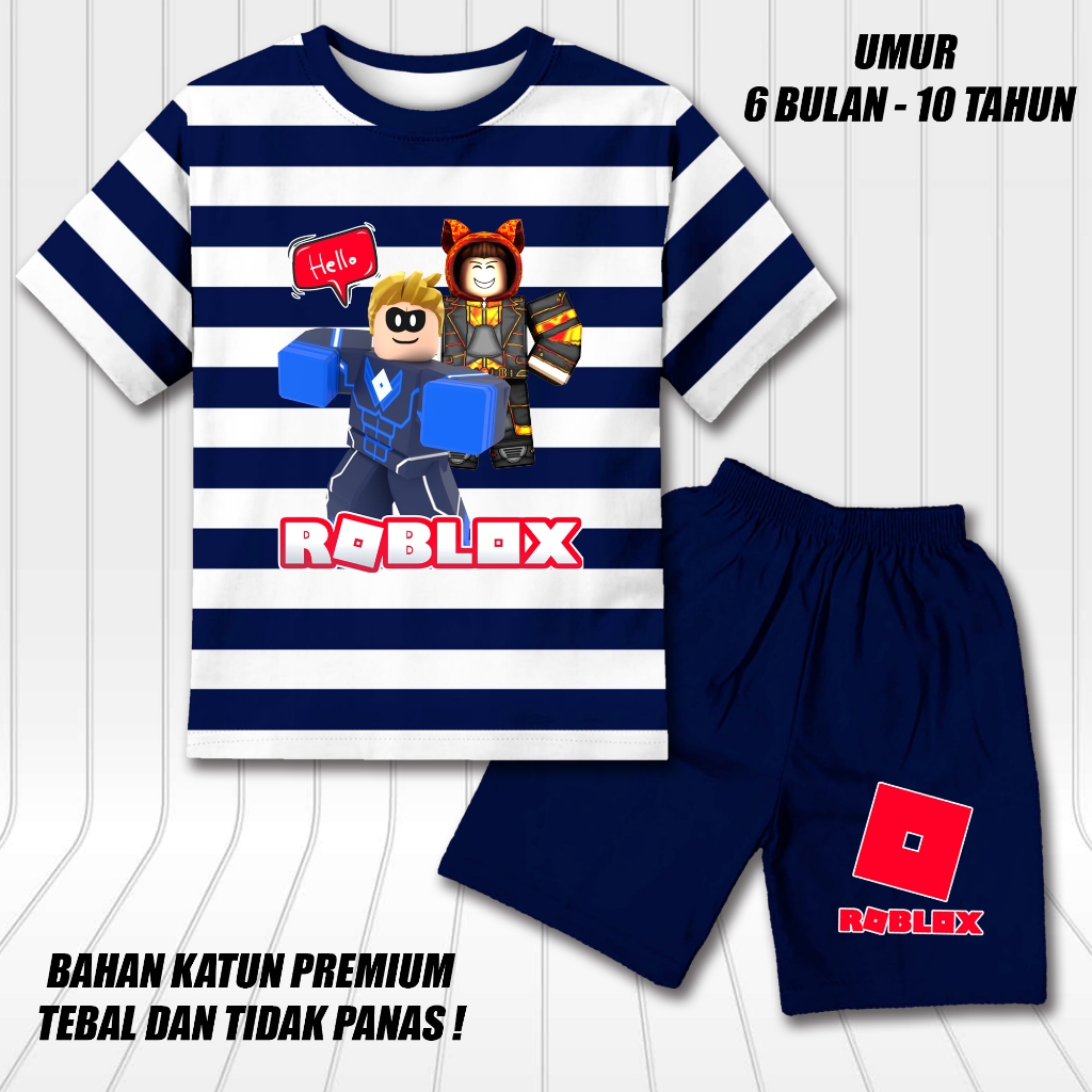 setelan salur lengan pendek anak laki laki perempuan set baju kaos pendek anak cowok motif roblox DT