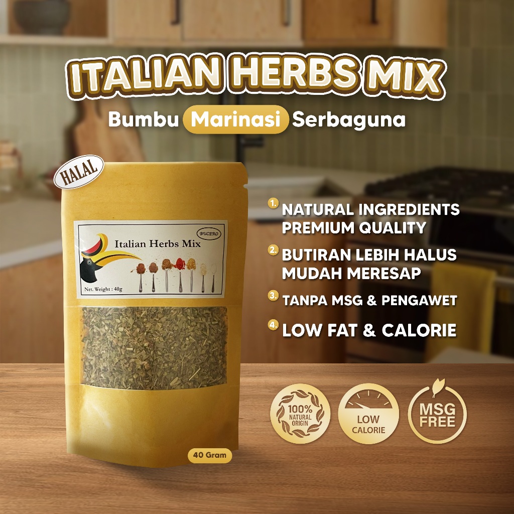 

Bucero Food - Italian Herbs Mix, Bumbu Dapur Kering Salad Daging Serbaguna Rendah Kalori Premium Quality Tanpa MSG