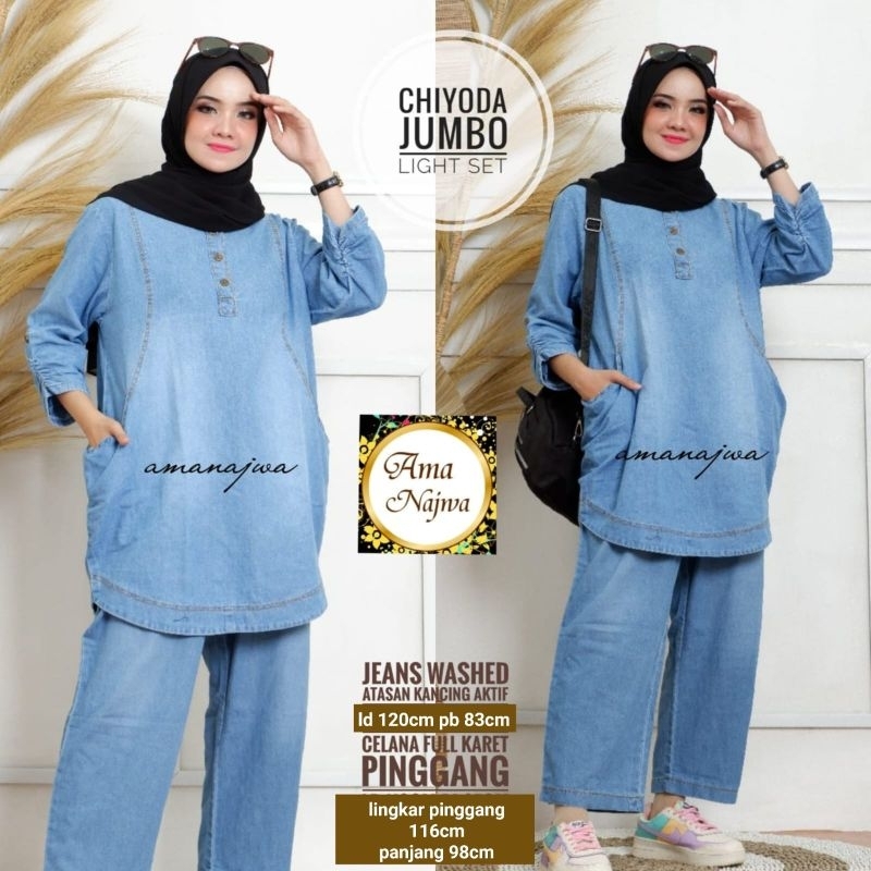 Chiyoda One Set Setelan Celana Kulot Tunik Jeans Ld 120 Jumbo Fit XXXL By Amj