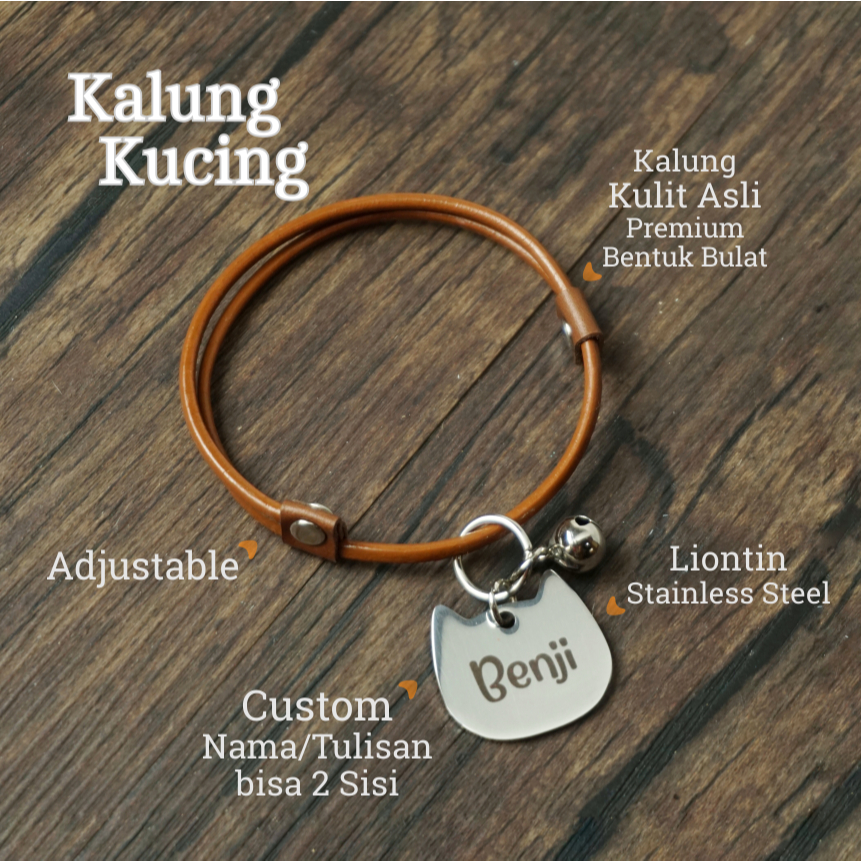Kalung Kucing Kulit Asli Bulat Custom Nama Liontin Tag Stainless Steel