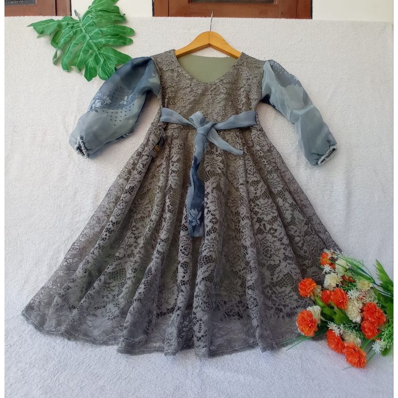Gamis anak.Gamis tile lengan organza doble Puring gamis pesta anak 3-4th