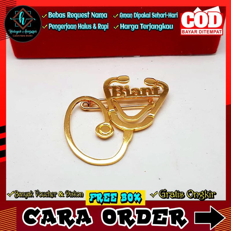 Bros Custom Nama Stetoskop Lapis Emas - Pin Logo Medis Kedokteran Free Request Nama, Desain Modern