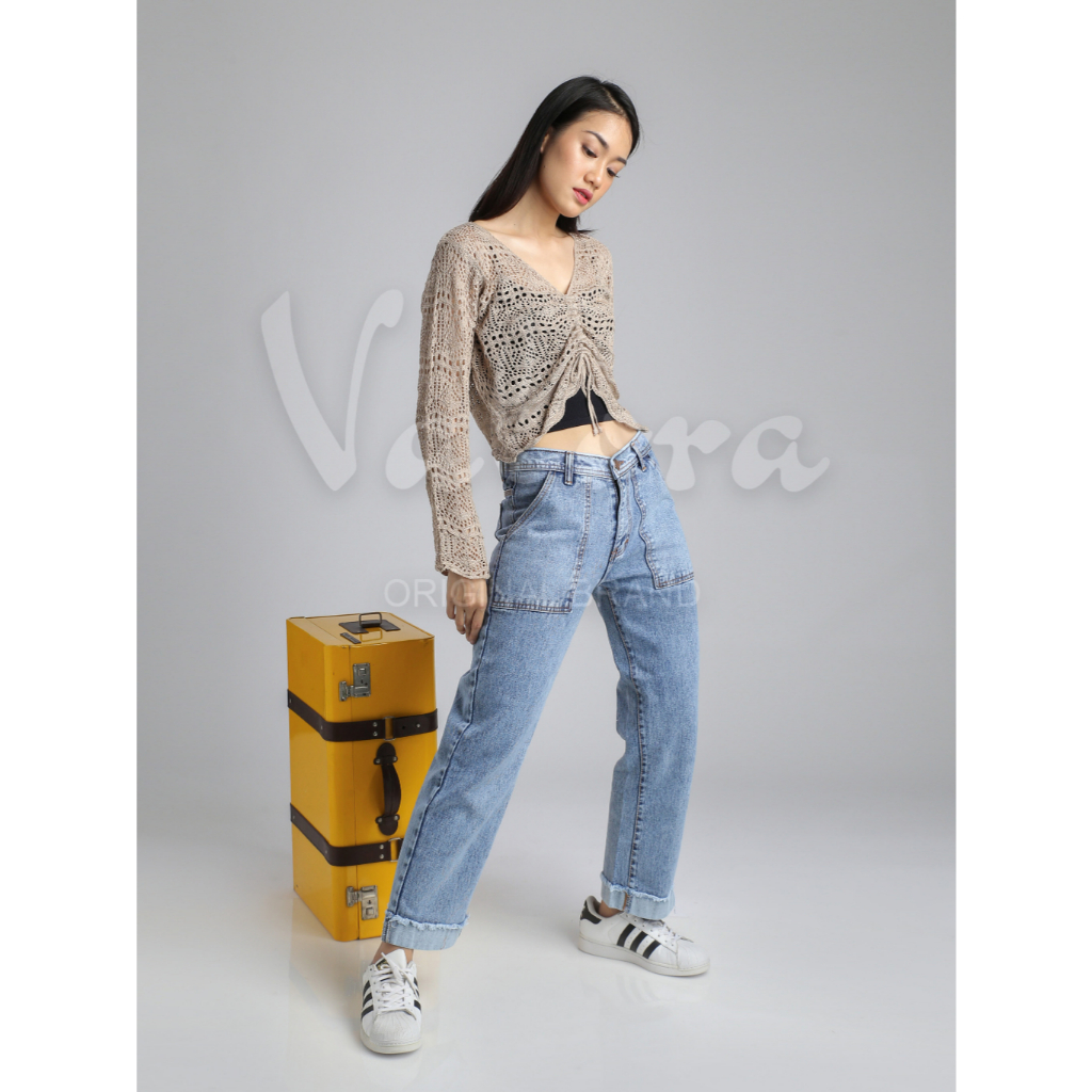 VALORA - Celana Boyfriend Kulot Jeans Wanita Highwais Jeans Lipat Bawah Karyla