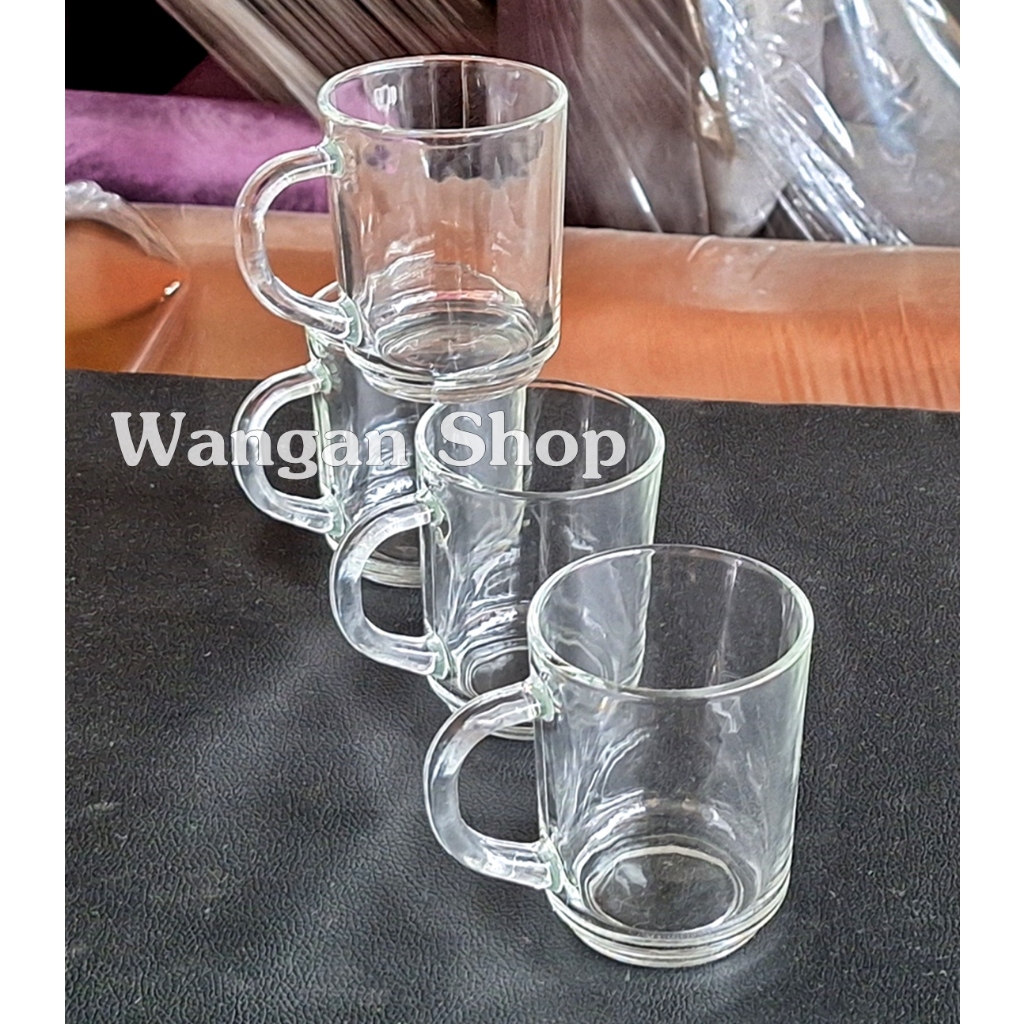 Gelas Kopi Kaca Gagang Pendek Bening Polos Per 6Pcs