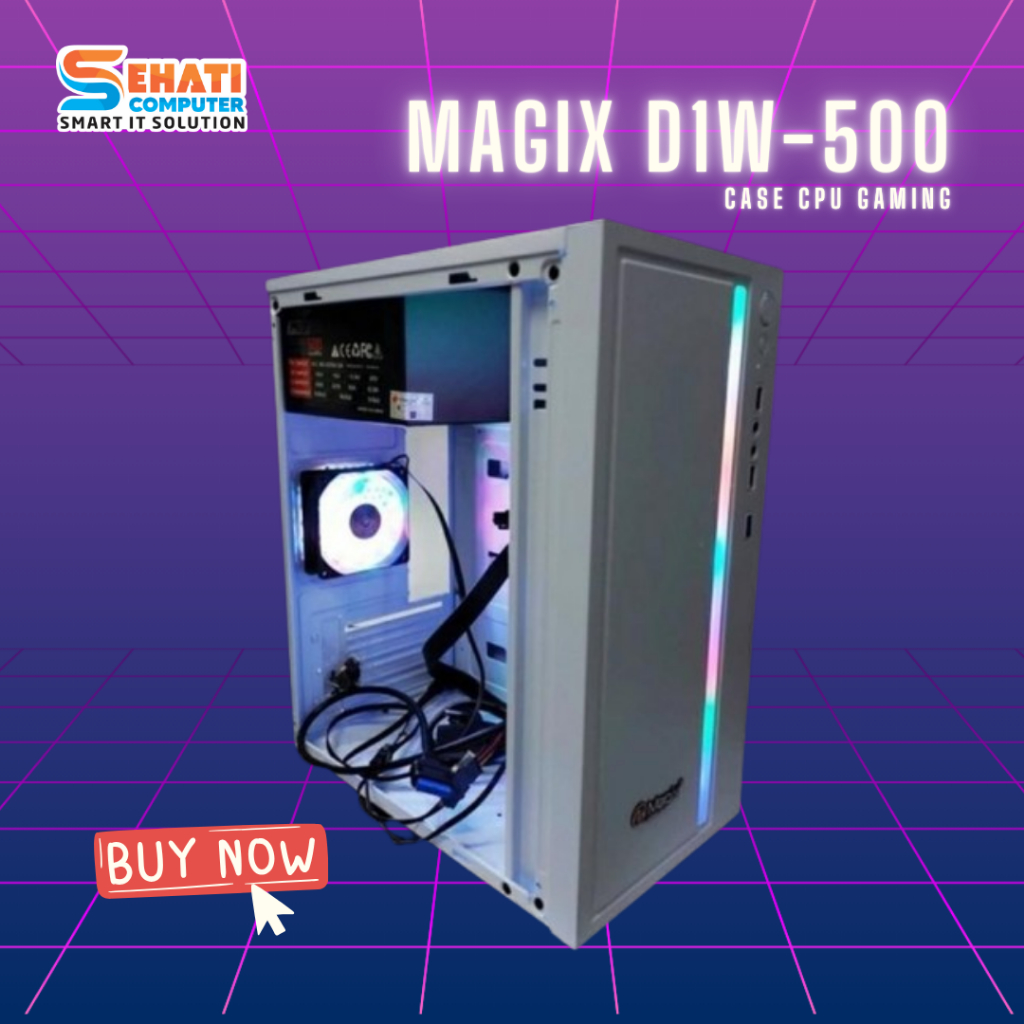 CASING PC GAMING MAGIX D1 LED RGB W/ EXTRA FAN RGB 8" DAN PSU 500 CASE - PUTIH